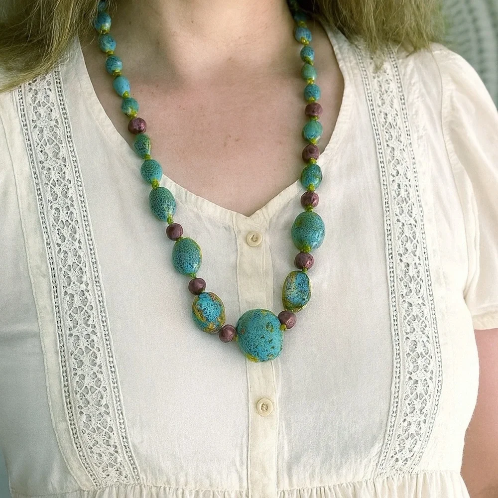 Vintage Artisan Ceramic Bead Statement Necklace Turquoise Speckled 26” Inch - Picture 12 of 15